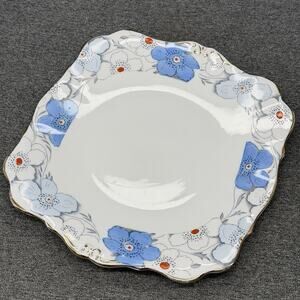 Vintage Bell Fine China England Square Plate 6" Blue Floral Scalloped Gold Trim